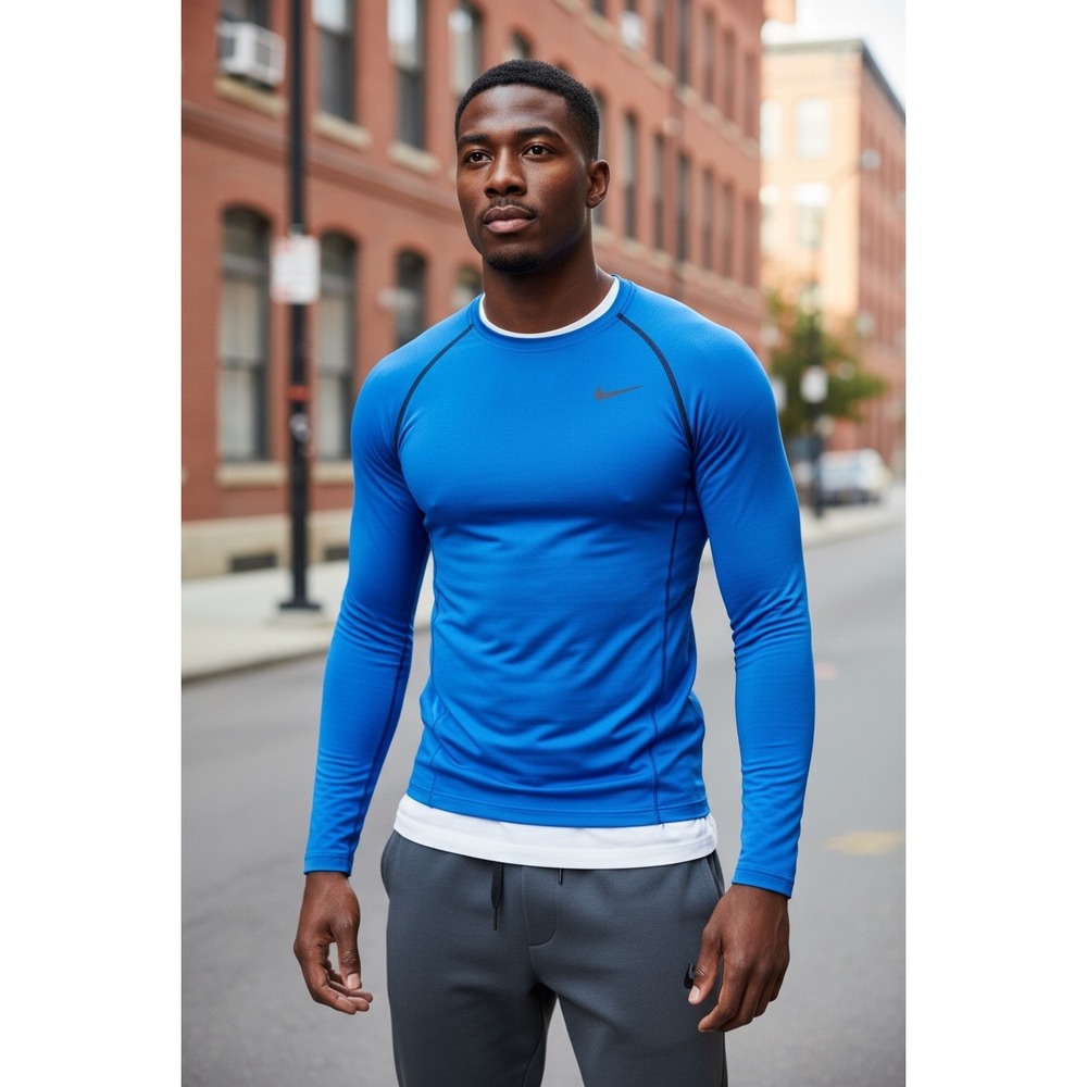 Nike‎ Pro Hyperwarm Fitted Mens Blue Long Sleeve Training Top Medium